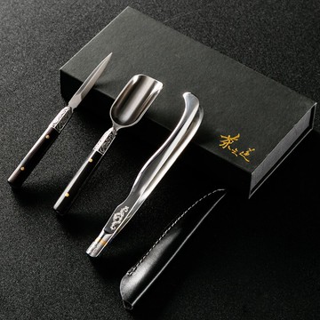 普洱刀不銹鋼大馬士革茶刀茶錐茶勺茶鏟茶夾茶匙家用茶道套裝