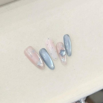 💗Yuki Nail💗韓系ins海鹽藍玻璃珠貓眼穿戴甲高階感波點琉璃星星純手工穿戴甲