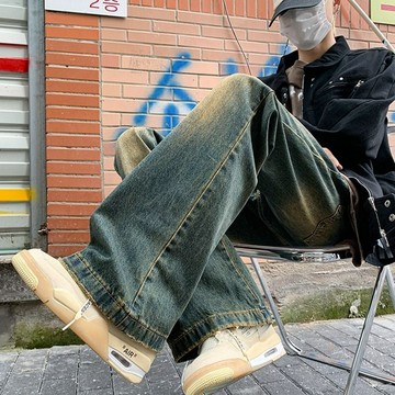 超火 秋冬新款美式vibe高街水洗復古微喇牛仔褲男寬松百搭潮流直筒長褲 じろ