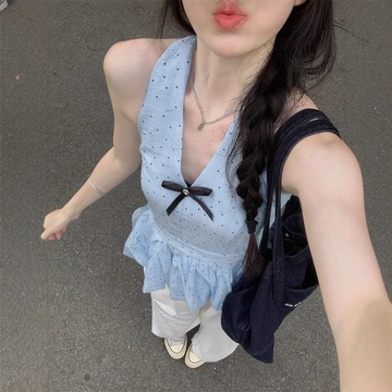 法式上衣、甜美蝴蝶結背心、女性波點露背背心、夏季設計外套、花苞下擺、韓式、修身上衣