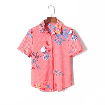 夏季女裝拼色條紋清新印花上衣小翻領單排暗扣漏背顯瘦襯衫