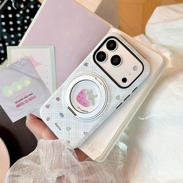🔥桃園好品🔥 旋轉磁吸支點適用iphone17pm手機殼蘋果16清新格紋草莓15菲林17硬