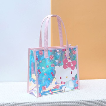 kitty手提袋 炫彩手提袋卡通HelloKitty網紅時尚防水游泳包大容量兒童節禮品袋