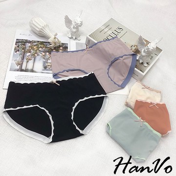 【HanVo】天天出貨 小甜美波浪邊拚色無痕內褲 親膚冰絲涼感日系內褲 中低腰 流行少女內褲 內著 A11-5612