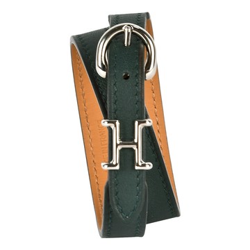 HERMES Trench H銀扣雙圈皮革手環(墨綠)373005-1｜GoBrand購名牌