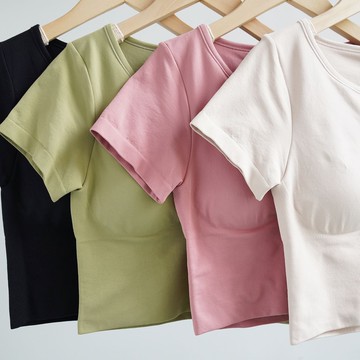 VTMCQ帶胸墊短袖圓領瑜伽服上衣女夏季修身短款健身衣跑步運動T恤E979