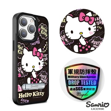 三麗鷗 iPhone 14 / 14 Plus / 14 Pro / 14 Pro Max 軍規防摔鋁合金鏡頭框立架手機殼-塗鴉凱蒂-黑框