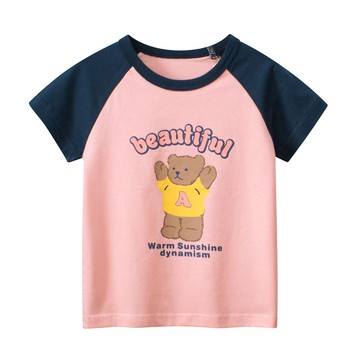 27home - 純棉短袖上衣-哈囉小熊-粉红+深藍