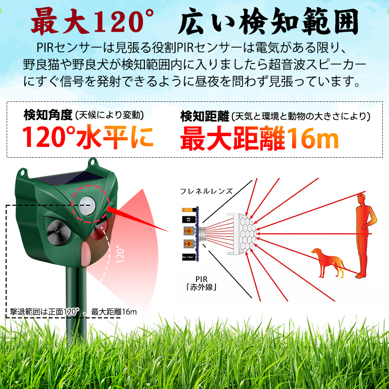 猫よけ 超音波 動物撃退器 PIRセンサー調節可 モード調節 フラッシュライト 強力 センサー 害獣撃退 USB充電 ソーラー USB充電 糞被害対策 赤外線センサー IP66