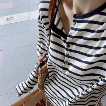 太愛啦!!【顯白條紋】韓系校園風長袖t恤女INS超火寬鬆顯瘦上衣服 t恤女 正韓T恤 女生上衣 休閒上衣
