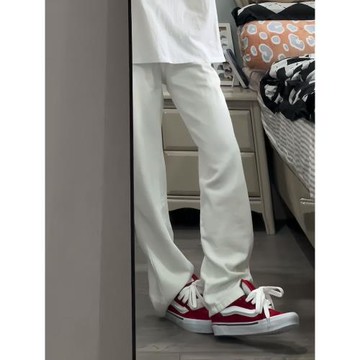 美式復古白色窄版微喇牛仔褲女春秋款高腰寬松休閑顯瘦高街直筒褲