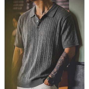 Wuluwear 美式復古男士針織polo衫萊賽爾混紡薄款透氣寬鬆素色通勤短袖上衣
