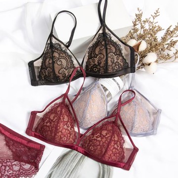 法式復古酒紅色內衣女無鋼圈睫毛蕾絲小胸性感文胸套裝