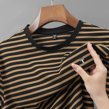 【新款熱賣】男裝條紋圓領包邊男士夏季短袖壓花休閑商務T恤男t