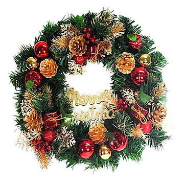 摩達客 台灣製 14吋豪華高級綠色聖誕花圈(紅金色系)(台灣手工組裝) 本島免運費