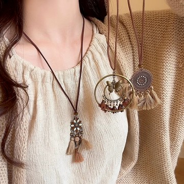 項鍊 項鍊女 飾品 異國民族風 流蘇項鍊 女新中式 復古長款 秋冬毛衣鏈 度假百搭鎖骨鏈 QT6