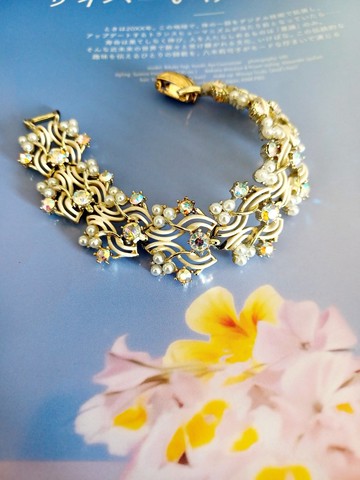 vintage jewelry CORO 經典華麗萊茵珍珠交錯白琺瑯 手鍊