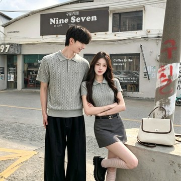 S-3XL 麻花Polo衫 情侶套裝夏天 灰色短袖男 針織上衣女 高腰短裙 韓系穿搭 a字裙 短版上衣 短袖上衣男