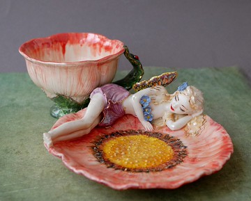 仙女茶杯碟套裝粉花睡仙瓷人偶