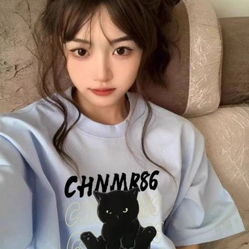 【美式設計感】短袖T恤 上衣女 淺藍色貓咪印花字母短袖T恤 夏季寬鬆小衆上衣 美式復古上衣 貓咪上衣 貓印花上衣