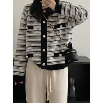 小香風條紋針織開衫女2024新款秋冬寬松慵懶風軟糯短款外套上衣女