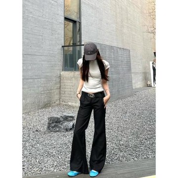 MYFC黑色低腰微喇西裝褲女2025春季新款垂感百搭拖地喇叭休閑褲子