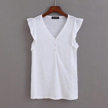 V領亞麻T恤衫 夏季新款木耳邊紐扣半開衫 無袖薄體恤 女上衣R/9-4