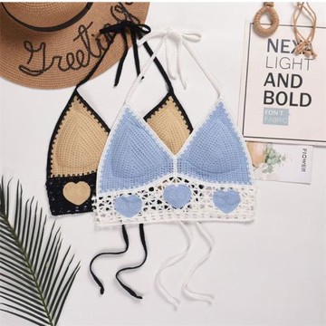 波西米亞民族風掛脖小背心吊帶短款女裝上衣露背拼色抹胸刺繡背心