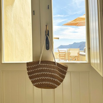 條紋綁帶拉菲草編織托特包