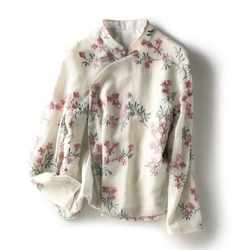 快速出貨 台灣現貨改良旗袍棉麻刺繡花長袖襯衫  韓  女正上衣【22569】
