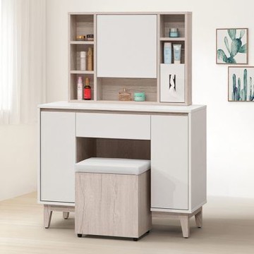 文創集 秋季3.3尺開門鏡面鏡台/化妝台組合(含可收納化妝椅)-99x40x137-cm免組