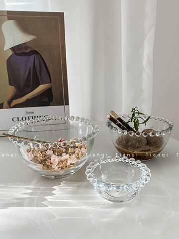 ins珠邊玻璃碗甜品冰淇淋雪糕碗糖水點心沙拉水果碗醬碟油碟客廳