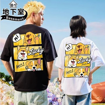 地下室B1-萌趣柯基三格漫畫印花短袖T恤 韓系落肩五分袖 情侶裝 街頭休閒百搭 大尺碼8XL【NL626205】