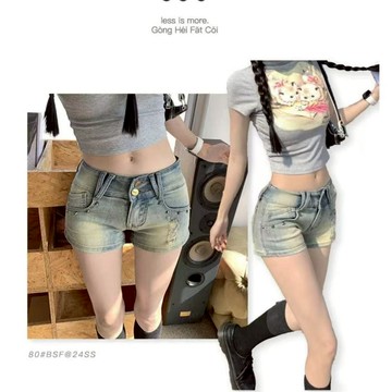 大美妞★現+貨 柳釘緊身牛仔短褲女 彈力低腰短褲 美式顯瘦短褲 直筒褲磨破超短褲 熱褲