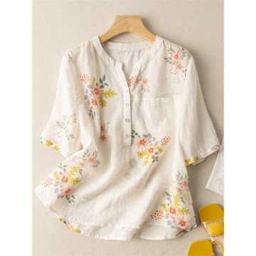 素雅印花亞麻短袖襯衫女夏薄款中年媽媽寬松顯瘦休閑套頭棉麻上衣
