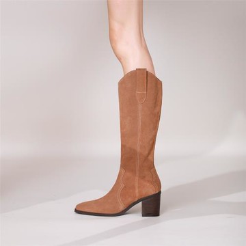 長靴子女2023新款秋冬季尖頭粗跟西部高筒靴真皮黑色百搭長筒靴女