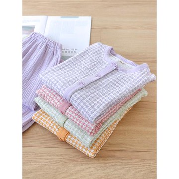 睡衣女春秋款純棉長袖格子薄款家居服女春夏季全棉開衫套裝可外穿