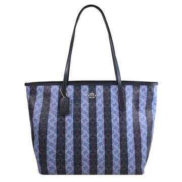COACH CBI03 City 撞色條紋印花肩背托特包/購物包.午夜藍