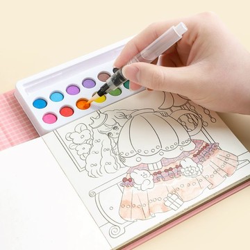 嚴選精品🔥兒童水彩畫 自帶畫筆 水彩填色本 卡通塗鴉 固體塗色可愛繪畫本自帶顏料塗鴉手繪diy畫畫本