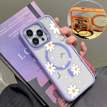 花朵小雛菊 磁吸手機殼 金屬鏡頭支架 保護殼 適用於iPhone 17 16 15 14 13 12 11 Max防摔殼