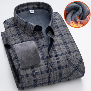 保羅冬季男士保暖襯衫中年休閑新款加絨加厚爸爸裝格子一體絨襯衣