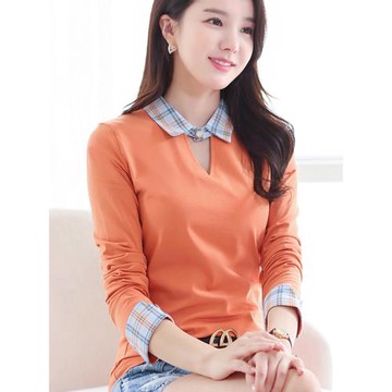 時尚襯衫領拼接T恤女長袖2023年早春新款V領洋氣ins潮設計感上衣