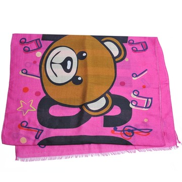 MOSCHINO 義大利製大品牌音符字母TOY小熊LOGO 羊毛混莫代爾圍巾(桃紅色系)