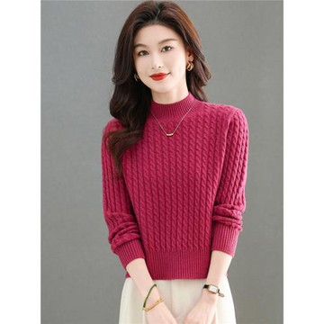 秋冬新款時尚半高領麻花毛衣女小個子短款高腰寬松內搭加厚打底衫