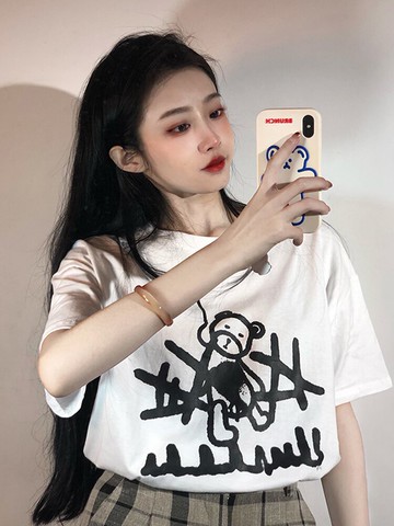 趣味熊印花短袖t恤女年新款夏季打底衫韓版寬松顯瘦百搭上衣