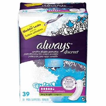 Incontinence Liner Always Discreet Maxi 13.5 Inch Length Heavy Absorbency DualLock Core One Size Fi 39 Count by Always Discreet