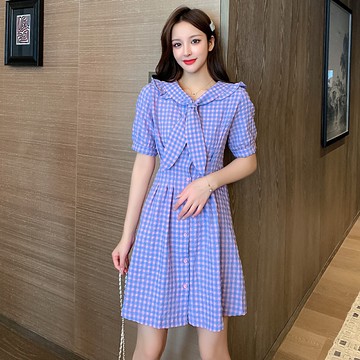 出清388 韓國風浪漫紫色格紋ins海軍領短袖洋裝