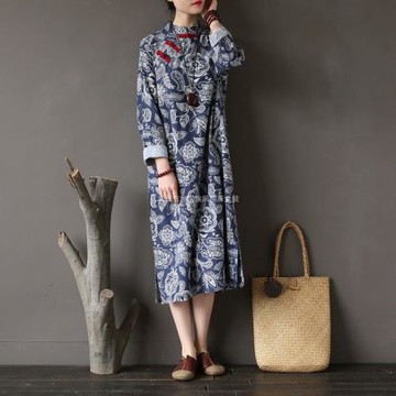 春秋款民族風改良旗袍長裙復古立領盤扣袍子長袖寬松棉麻連衣裙女