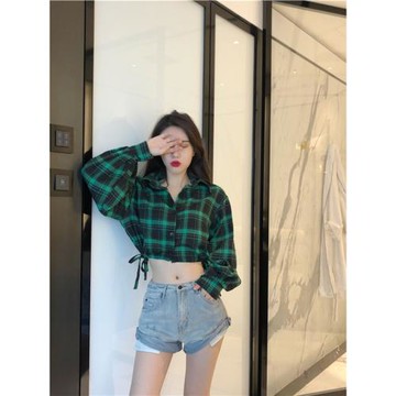 ET爵士亞裔甜辣妹風jazz上衣短款長袖格子外套音樂節kpop跳舞襯衫