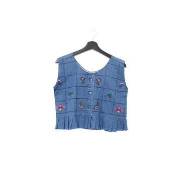 Back to Green-丹寧刺繡背心 線條 彩色花朵 dv-04//vintage vest